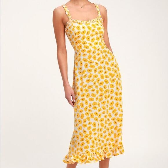Faithfull the Brand Noemie Yellow Floral Print Ruffled Midi Dress US 4 Sundress - Picture 1 of 13